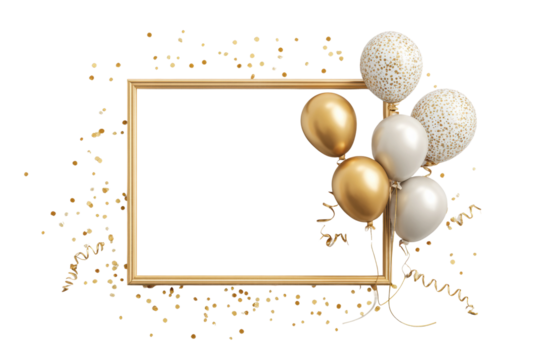 PNG Empty gold frame with balloons and confetti on black background