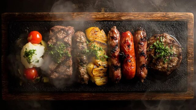 Overhead shot of a sizzling mixed grill platter on a dark wooden board. The platter includes various grilled meats, sausages, and vegetables, with steam rising. 