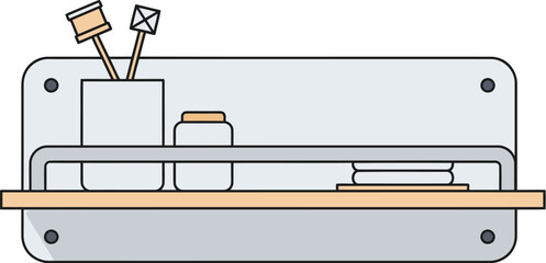 Simple illustration depicting an organized bathroom shelf with basic toiletries in a clean minimalist style