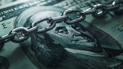 Concept photo of a chain draped across a us hundred dollar bill illustrating financial constraints