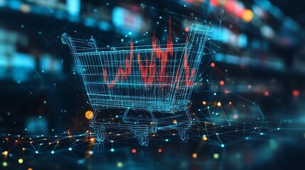 Conceptual digital illustration of a shopping cart representing online market trends and data analysis photo