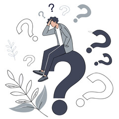 Man Overwhelmed by Questions and Doubt - Flat Vector Illustration of Uncertainty & Problem Solving