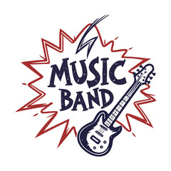 Obraz premium Rock Band Logo Featuring Electric Guitar and Distressed Text | Bold Grunge Typography Design for Music Events, Band Identity, Posters, and Merchandise | Editable Vector Illustration