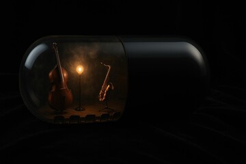 black pill bottle containing violin and saxophone in dark room.