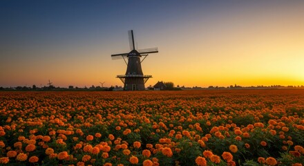 Sunrise over a field of marigolds with a windmill