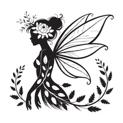 Silhouette of a fairy with floral details on her wings and body, isolated on white background