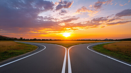 Naklejka premium The Crossroads of Choice. A Fork in the Road Concept. Two Paths, One Decision. Life Choices Symbolic Image