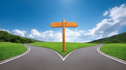 The Crossroads of Choice. A Fork in the Road Concept. Two Paths, One Decision. Life Choices Symbolic Image, blank road sign