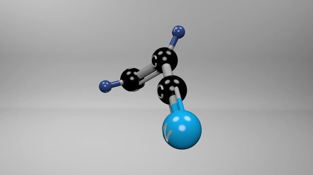 Acrylonitrile molecule. Molecular structure of toxic organic compound used in polymer and synthetic fiber production. 3D ball-and-stick model.
