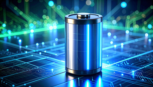 Energy Cell Innovation: A sleek, modern battery cell, emitting a captivating blue glow against a futuristic circuit board backdrop, epitomizes the future of technology and sustainable energy
