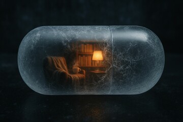 pill bottle filled with ice cream cones, with miniature living room scene inside it.