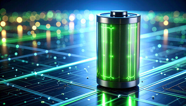 Digital Battery: Futuristic image of a battery charging in a digital environment, electric power, renewable energy.