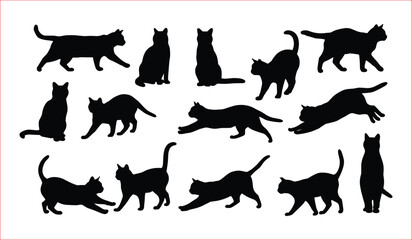 A set of black silhouette cat figures in various poses.