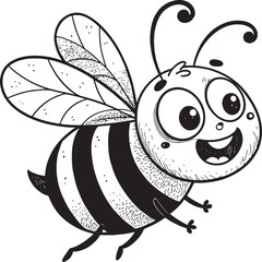 Animated Bee's Cheerful Flight: An illustrated cartoon of a friendly, buzzing bee flying with a happy, expressive face, radiating warmth and positivity. 