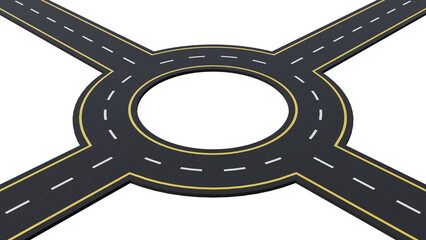 Empty roundabout road. Crossroads of four roads on isolated background. Road circle intersection. Empty junction isolated. Asphalt road. © HalukYakup