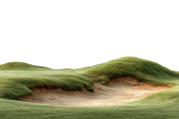 PNG Scenic golf course sand bunker with rolling green hills on a sunny day
