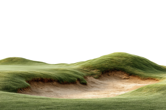 PNG Scenic golf course sand bunker with rolling green hills on a sunny day