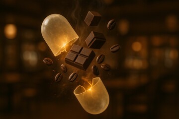 chocolate bar is shattered into pieces that fly around it, creating explosion of cocopowder and coffee beans.