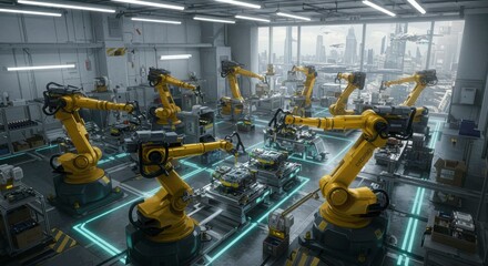 Futuristic automated factory showcasing robotic arms assembling components on a production line, overlooking a modern cityscape