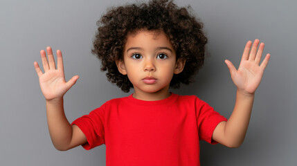 Child standing with hands up in refusal, looking determined. 