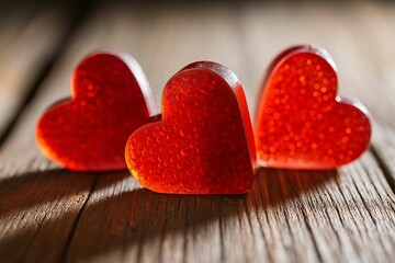 Three red heart-shaped candies on wooden surface.