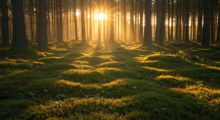 Sunbeams through forest canopy