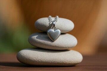 silver necklace with heart pendant resting on three stacked stones.