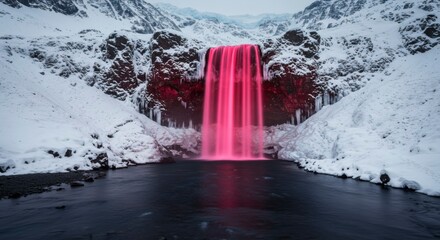 Frozen waterfall cascading into a pool of still water, glowing a vibrant pink