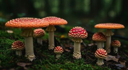 Vibrant red toadstools with white spots emerge from a mossy forest floor, showcasing diverse sizes and a captivating natural scene