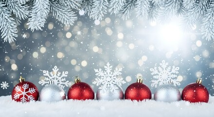 Red and silver Christmas ornaments on white furry ground with festive bokeh and snowy evergreen branches. Holiday decoration for winter celebration.