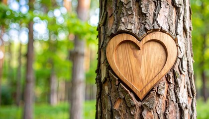 Heart shape carved into a tree trunk in a lush forest representing love and nature