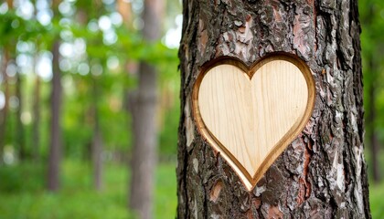Carved heart shape on a tree trunk in a lush green forest symbolizing love