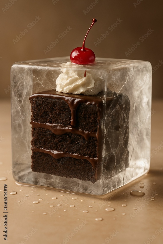 Poster slice of chocolate cake in clear cube container, topped with whipped cream and cherry.