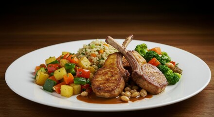 Grilled lamb chops with rice and vegetables