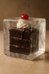 slice of chocolate cake in clear cube container, topped with whipped cream and cherry.