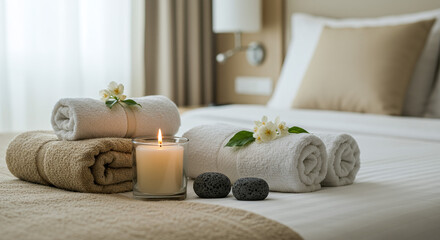 Rolled towels, candle, and stones on a hotel bed