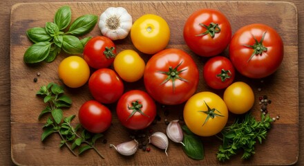 Red and yellow tomatoes, garlic, basil, oregano, and peppercorns on a wooden board