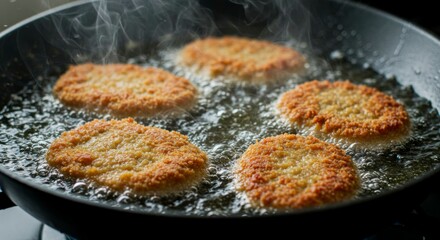 Four golden-brown patties sizzle in hot oil, creating steam.  Deep frying creates a crispy exterior