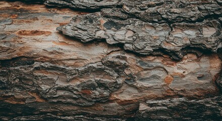 Detailed close-up of tree bark, showcasing its rough, textured surface with varying shades of brown, gray, and reddish tones