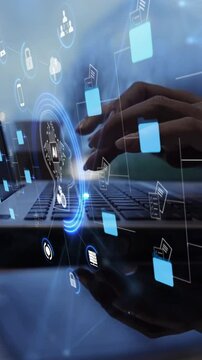 Ai Futuristic holographic interface of a file manager, folder structure with documents and data scanning, digital document storage software, cloud database, search and manage documents, paperless