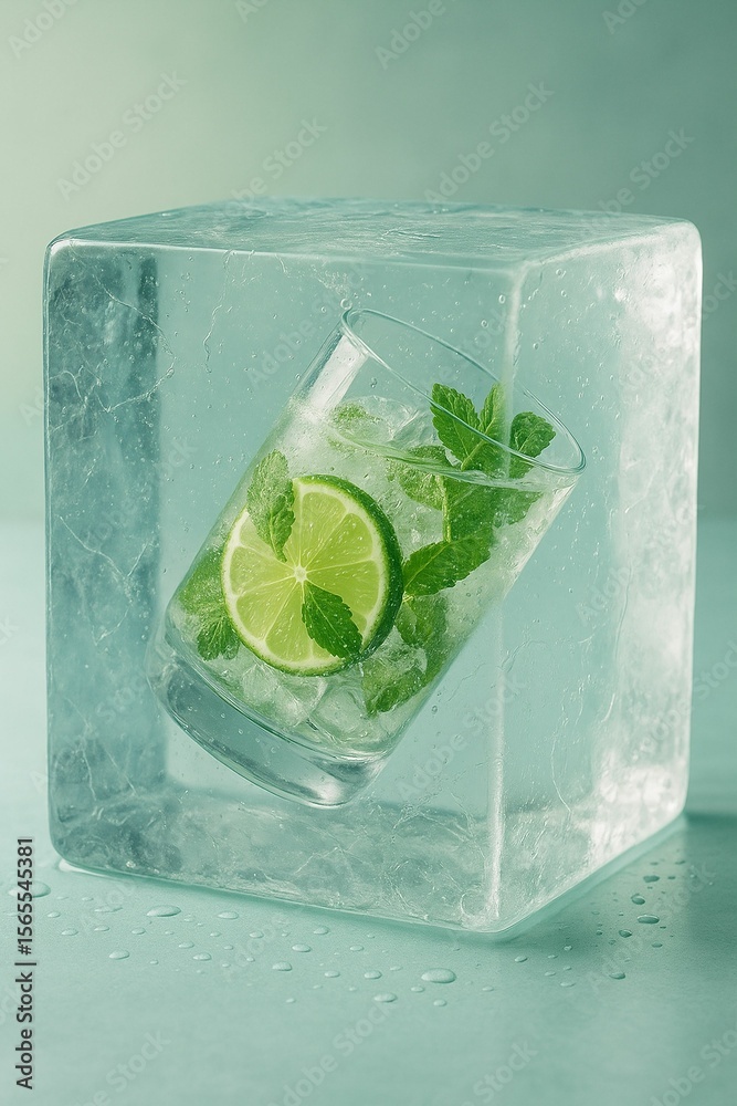 Poster cocktail in glass filled with ice cubes, garnished with mint leaves and lime slices, placed inside i