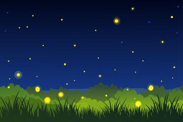 Enchanted Night Firefly Glow Over Lush Green Landscape