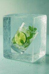 cocktail in glass filled with ice cubes, garnished with mint leaves and lime slices, placed inside ice cube tray.