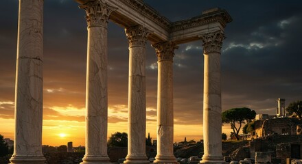 Majestic ancient Roman columns stand tall, silhouetted against a vibrant sunset sky over ruins