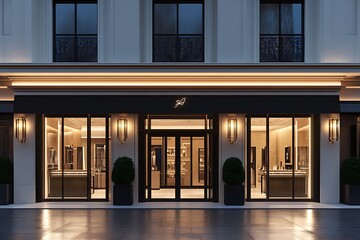 Chic jewelry boutique exterior at dusk showcasing illuminated windows and architectural facade creating a modern retail destination