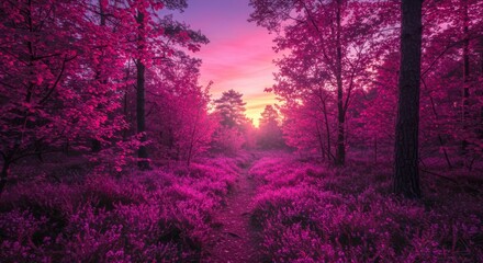 A mystical forest path bathed in vibrant pink sunrise hues