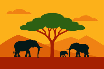 African Elephant Family Silhouette Sunset Savannah Landscape Illustration