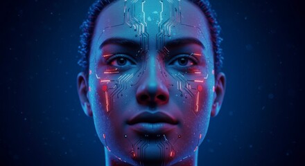 Futuristic digital human face with circuit board designs over the skin glowing in blue and red neon lights