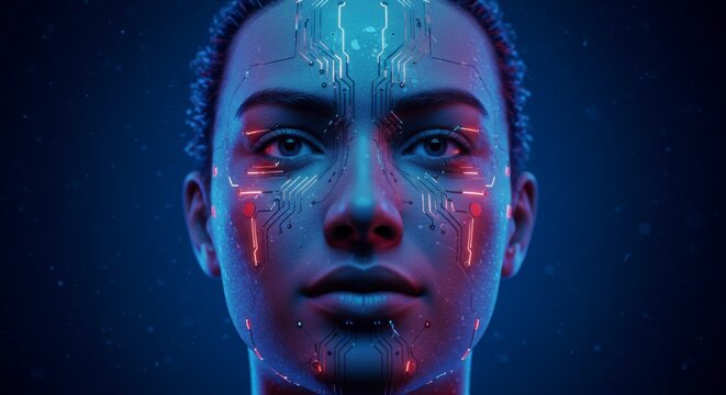 Futuristic digital human face with circuit board designs over the skin glowing in blue and red neon lights