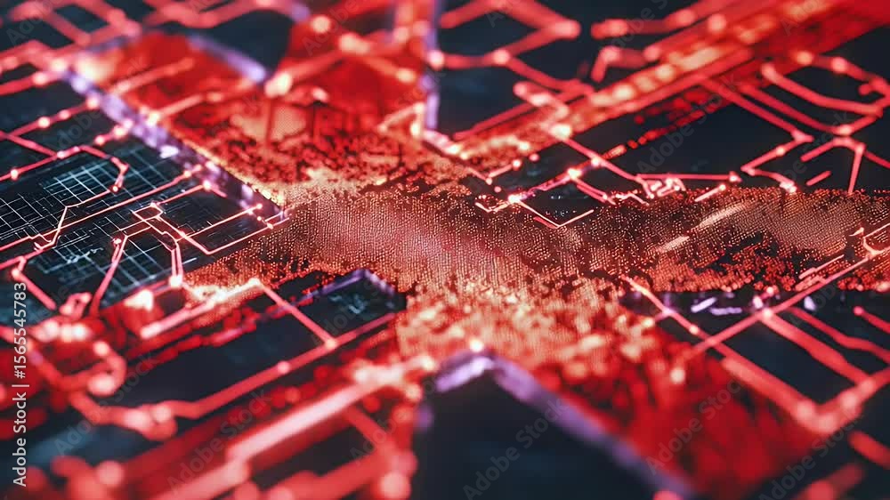 Poster abstract close-up of digital circuit board glowing in red and blue with depth of field and lines of 